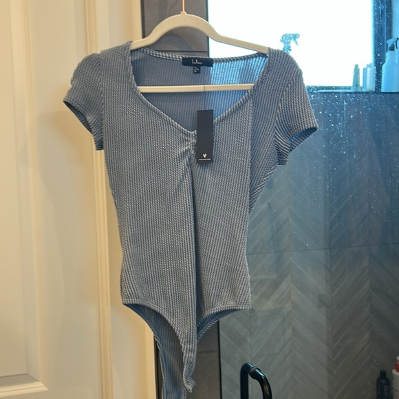 Lulus Required Style Dusty Blue Textured Ribbed Ruched Bodysuit - Size S - Picture 2 of 3